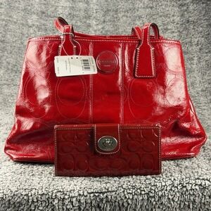 NWT Coach F15658 Y2K Cranberry Red Patent Leather Tote Bag w Matching Wallet Set